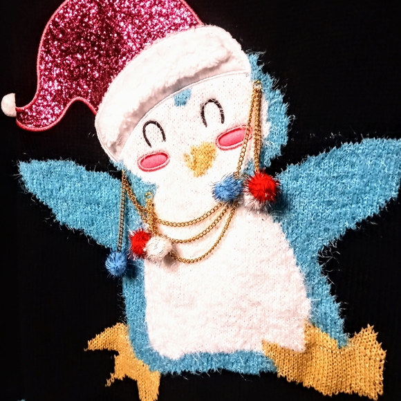 Joyland NWT "Ugly" Christmas Sweater Black Knit Embellished Penguin Sz. L - Picture 7 of 8